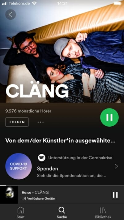 Spotify Profil von Cläng mit dem Artist Fundraising Pick